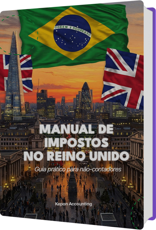 Portuguese book cover titled "Manual de Impostos no Reino Unido" with UK and Brazil flags; cityscape backdrop.
